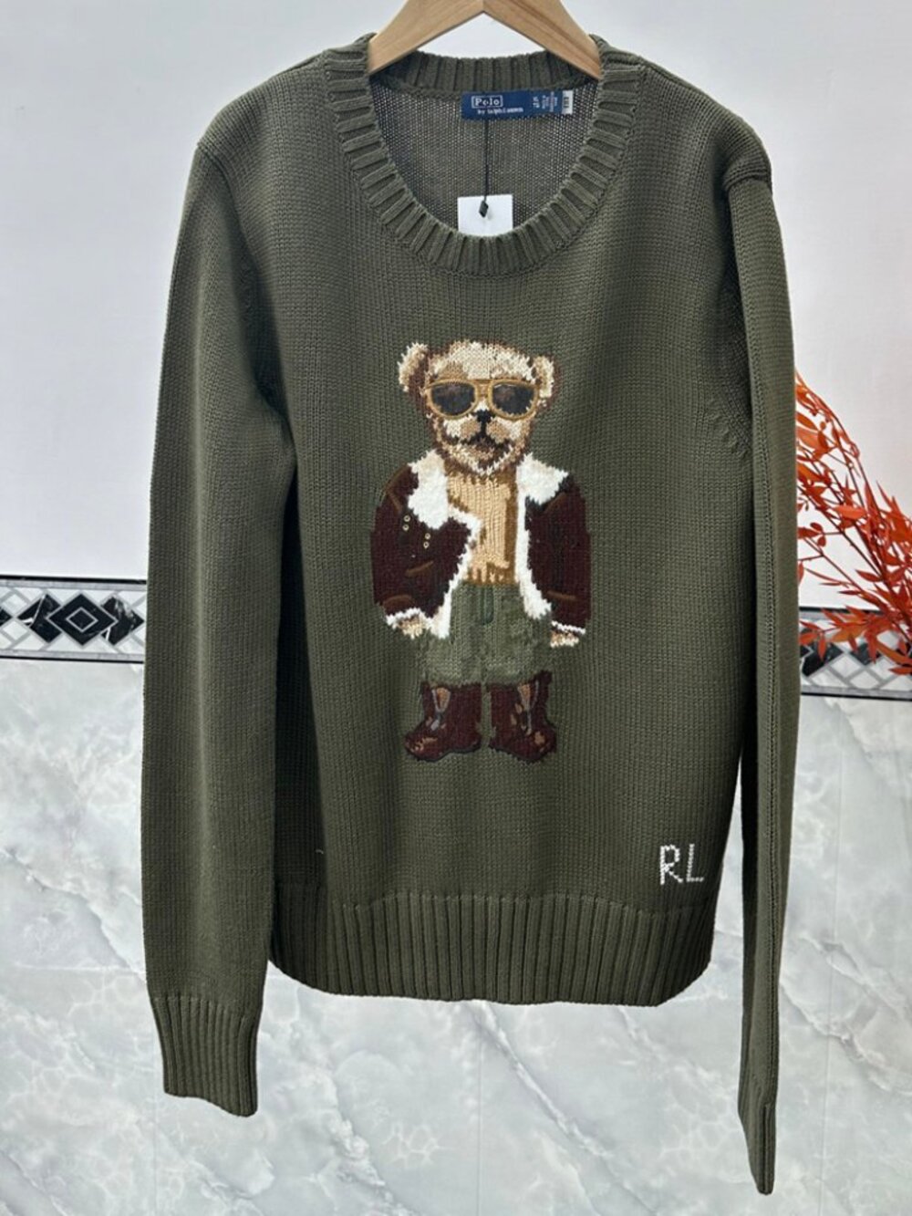 Ralph Lauren Olive Green Aviator Polo Bear Crewneck Sweater